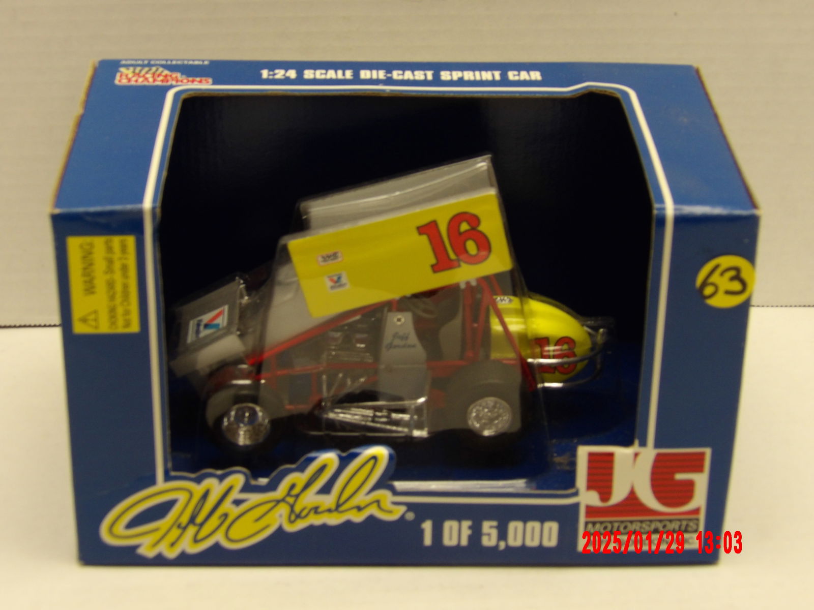Jeff Gordon 1:24 Scale Die-Cast Sprint Car – Limited Edition (1 of 5,000) by Racing Champions: This is a collectible 1:24 scale die-cast sprint car, officially licensed under Jeff Gordon Motorsports (JG Motorsports). The car is a detailed replica, featuring Jeff Gordon’s signature and brandin