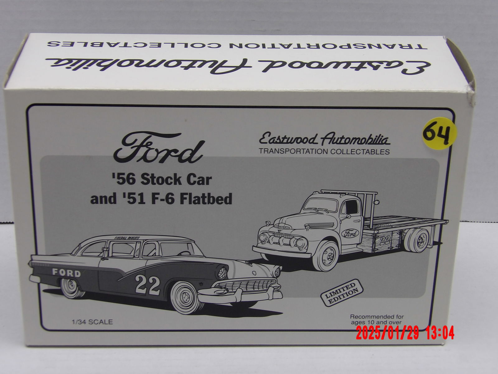 Eastwood Automobilia Ford '56 Stock Car and '51 F-6 Flatbed - Limited Edition 1/34 Scale Model: This is a limited edition 1/34 scale die-cast model set from Eastwood Automobilia's Transportation Collectables series. The set includes two Ford vehicles:1.1956 Ford Stock Car (#22) - A highly detail