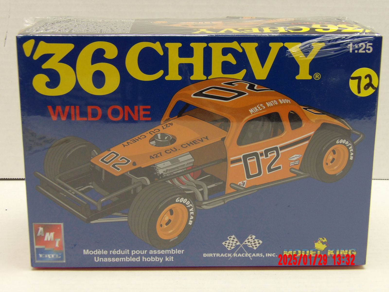 AMT Ertl '36 Chevy Wild One 1:25 Scale Model Kit – Unassembled Hobby Kit: This AMT Ertl '36 Chevy Wild One model kit is a highly detailed representation of a classic dirt track race car, perfect for enthusiasts who appreciate vintage stock car racing. The kit contains every