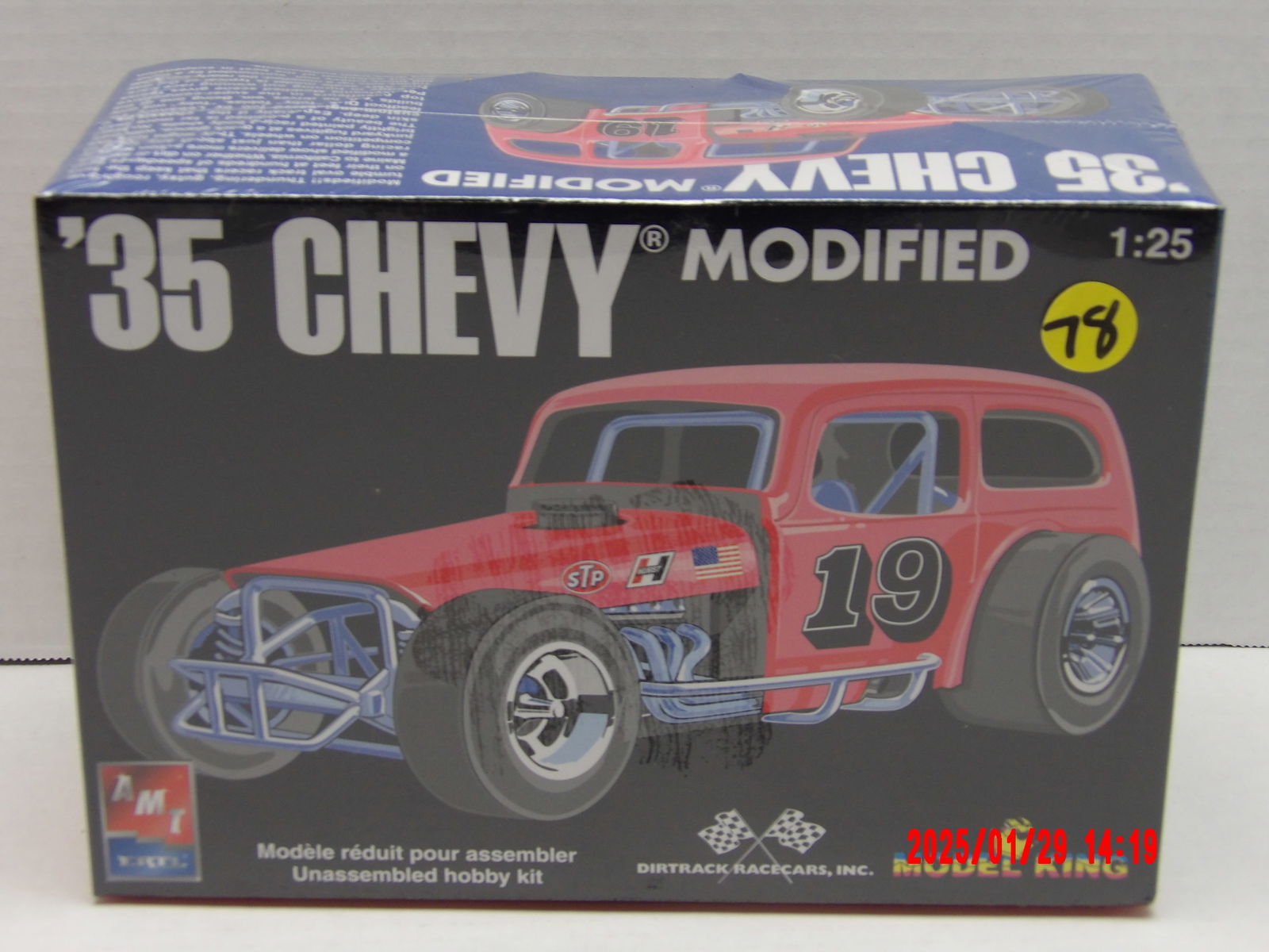 AMT Ertl '35 Chevy Modified 1:25 Scale Model Kit: This is another 1:25 scale unassembled plastic model kit of a 1935 Chevrolet Modified Stock Car, manufactured by AMT Ertl and released as part of the Model King and DirtTrack Racecars, Inc. series.