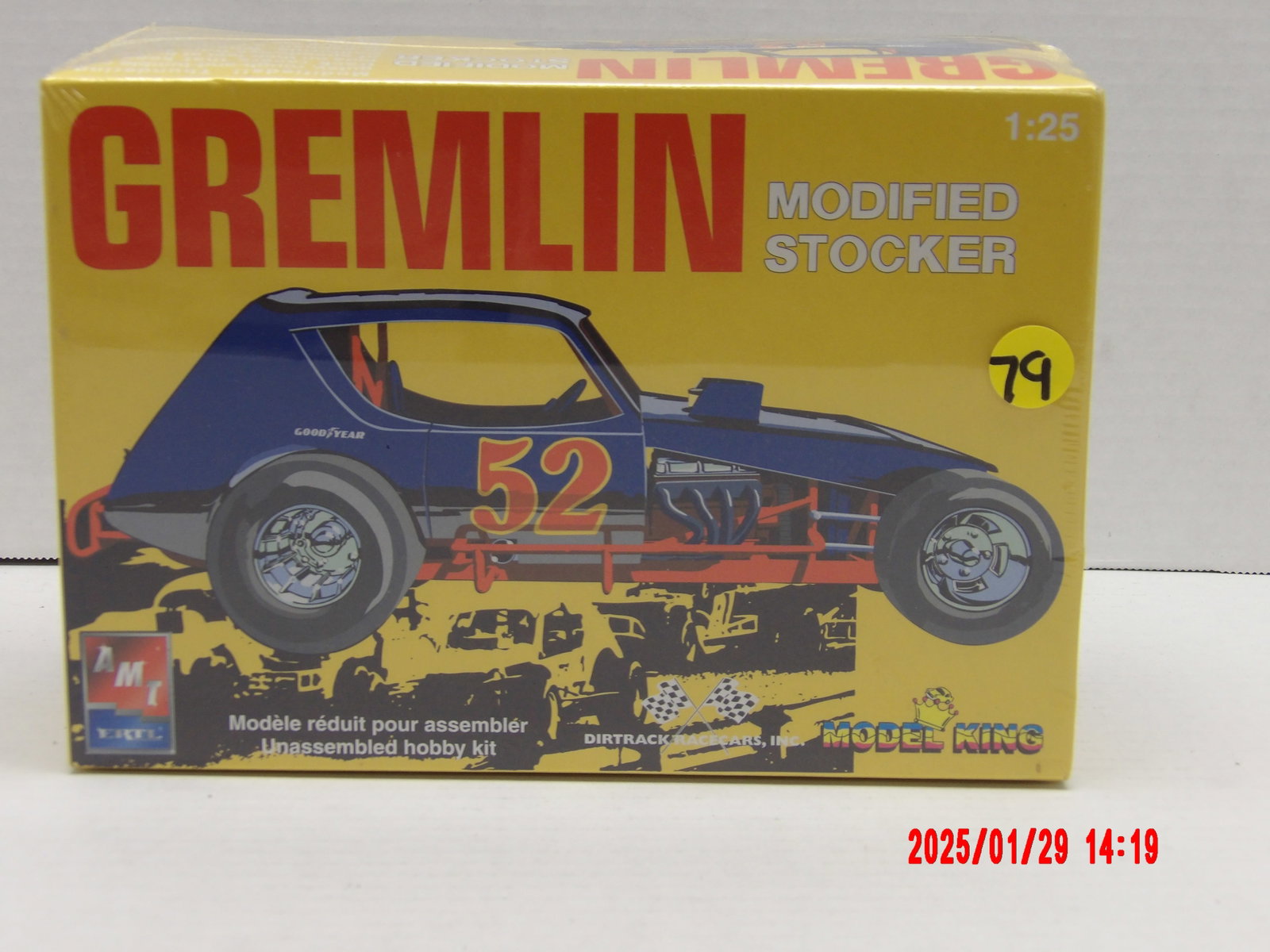 AMT Ertl Gremlin Modified Stocker 1:25 Scale Model Kit: This 1:25 scale unassembled plastic model kit features a Gremlin Modified Stock Car, produced by AMT Ertl in collaboration with Model King and DirtTrack Racecars, Inc. This model represents a modified
