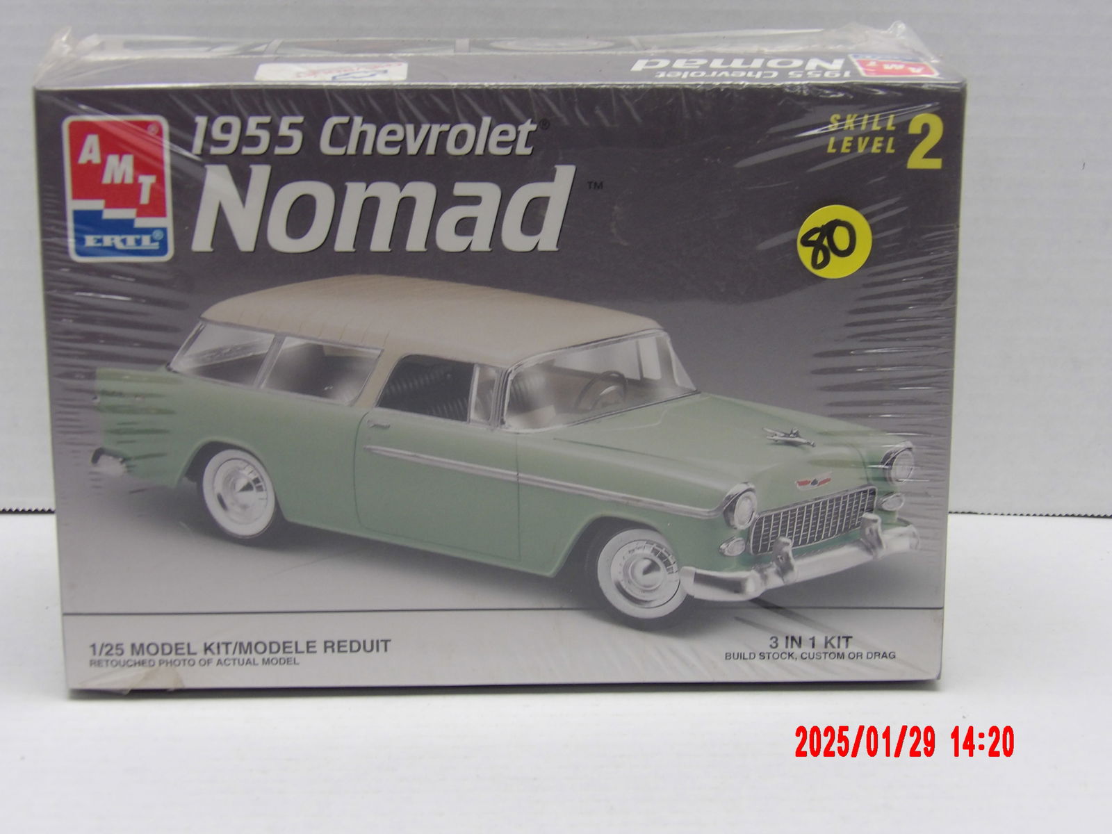 AMT Ertl 1955 Chevrolet Nomad 1:25 Scale Model Kit – 3-in-1: This 1:25 scale unassembled plastic model kit features a 1955 Chevrolet Nomad, produced by AMT Ertl. The Nomad is one of Chevrolet’s most iconic classic station wagons, known for its stylish design