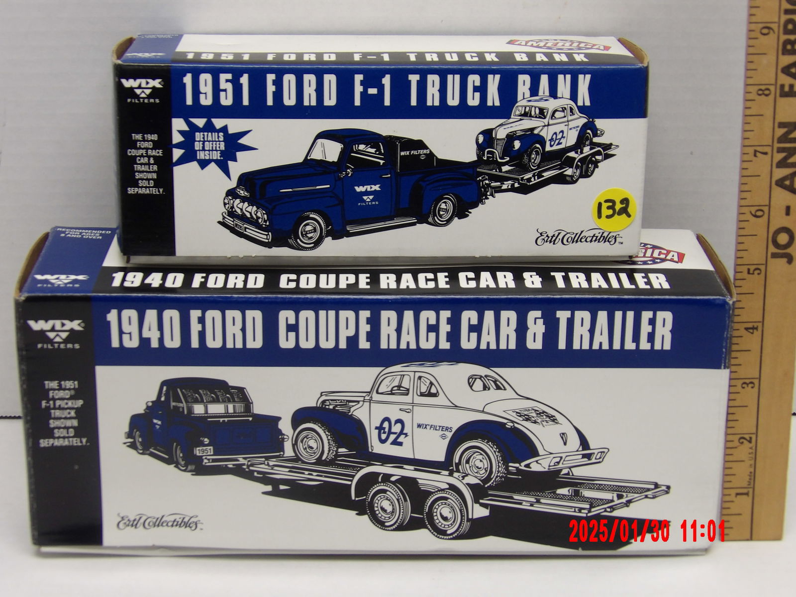Vintage WIX Filters Die-Cast 1951 Ford F-1 Truck Bank & 1940 Ford Coupe Race Car & Trailer: This lot showcases two vintage WIX Filters collectible die-cast models in their original boxes. The top box contains a 1951 Ford F-1 Truck Bank, which is a limited-edition locking coin bank model with