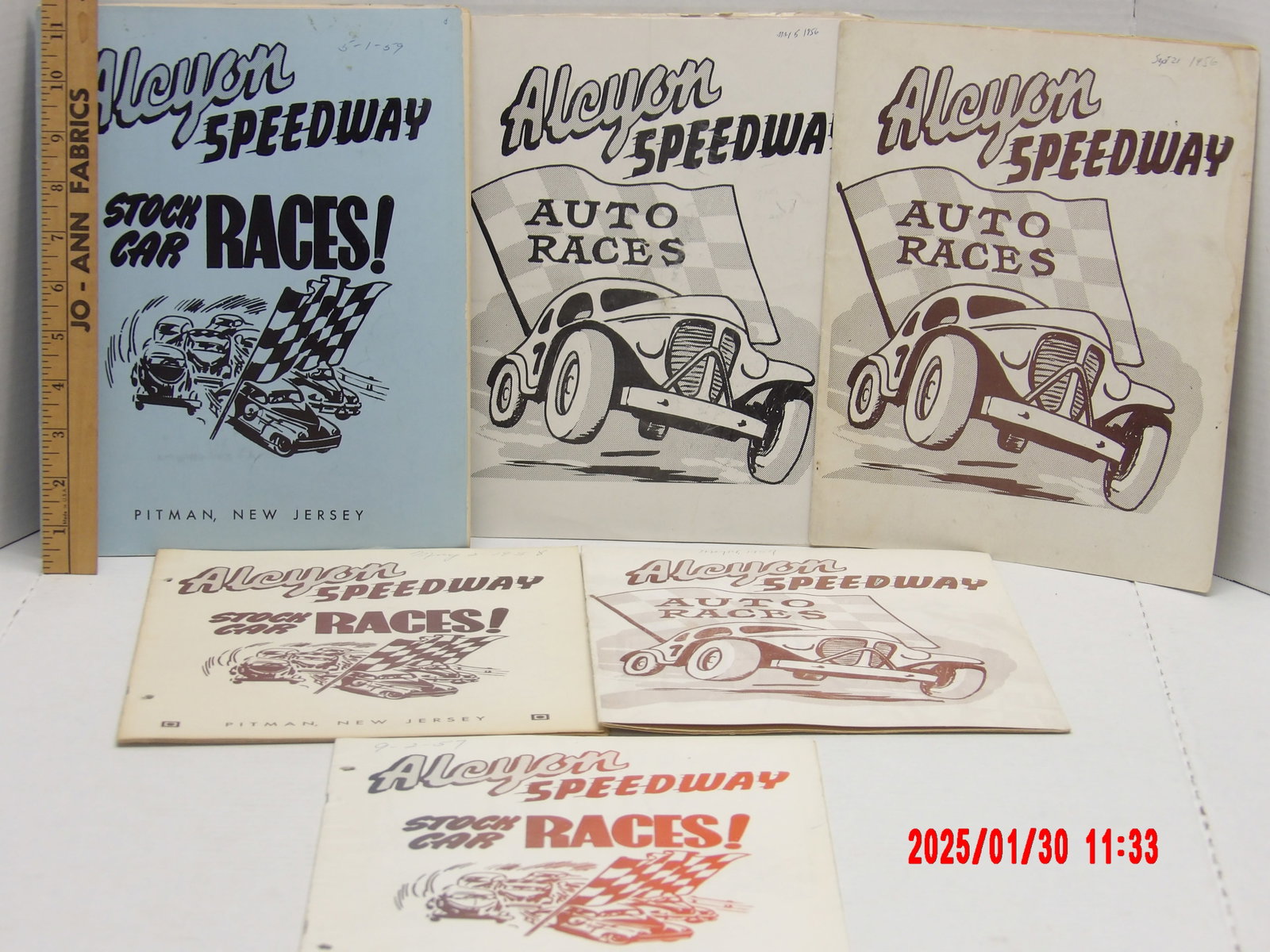 Vintage Alcyon Speedway Stock Car Race Programs – Pitman, New Jersey: This collection includes six vintage race programs from Alcyon Speedway, a former dirt track in Pitman, New Jersey. These programs date back to the 1950s and feature various illustrations of stock car