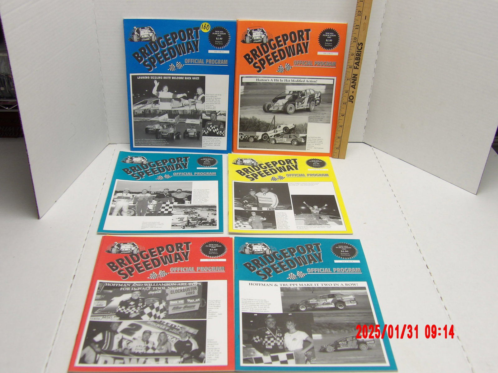 Collection of Bridgeport Speedway Official Race Programs – Vintage Dirt Track Racing Memorabilia: This lot features a set of six official race programs from Bridgeport Speedway, a well-known dirt track racing venue. The programs are color-coded (blue, red, orange, and yellow) and include historica