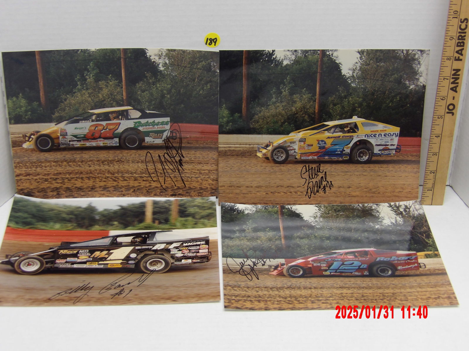 Collection of Autographed Dirt Modified Racing Photos: Featured Autographs: Jack Johnson" autographed action photo of a red #12B dirt modified race car, Billy autographed action photo of a black and gold #M1 dirt modified race car, UNKNOWN DRIVER autograp