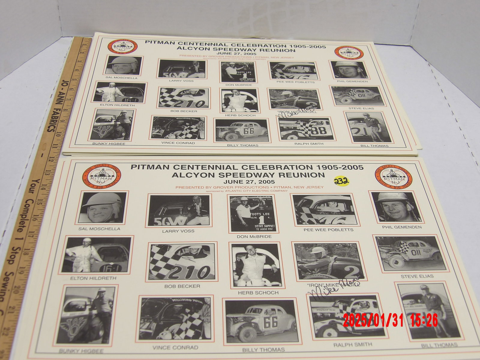 Pitman Centennial Celebration (1905-2005) – Alcyon Speedway Reunion Commemorative Prints: This lot showcases two commemorative prints from the Pitman Centennial Celebration and Alcyon Speedway Reunion, held on June 27, 2005, in Pitman, New Jersey. The prints pay tribute to legendary driver