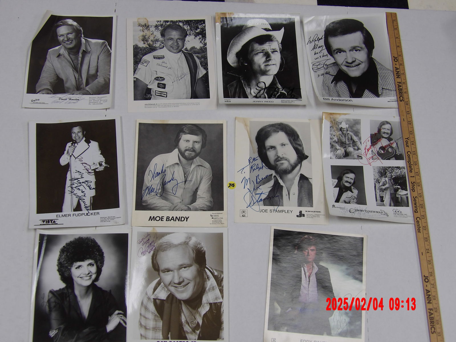 Collection of Autographed Country Music and Entertainment Publicity Photos: Signed Photographs of Elmer Fudpucker, Bill Anderson, Jimmy C. Newman, Joe Stampley, Eddy Raven, Joie Chitwood Jr., David Houston, Jerry Reed, Moe Bandy, Roy Rogers Jr., and Cristy Lane