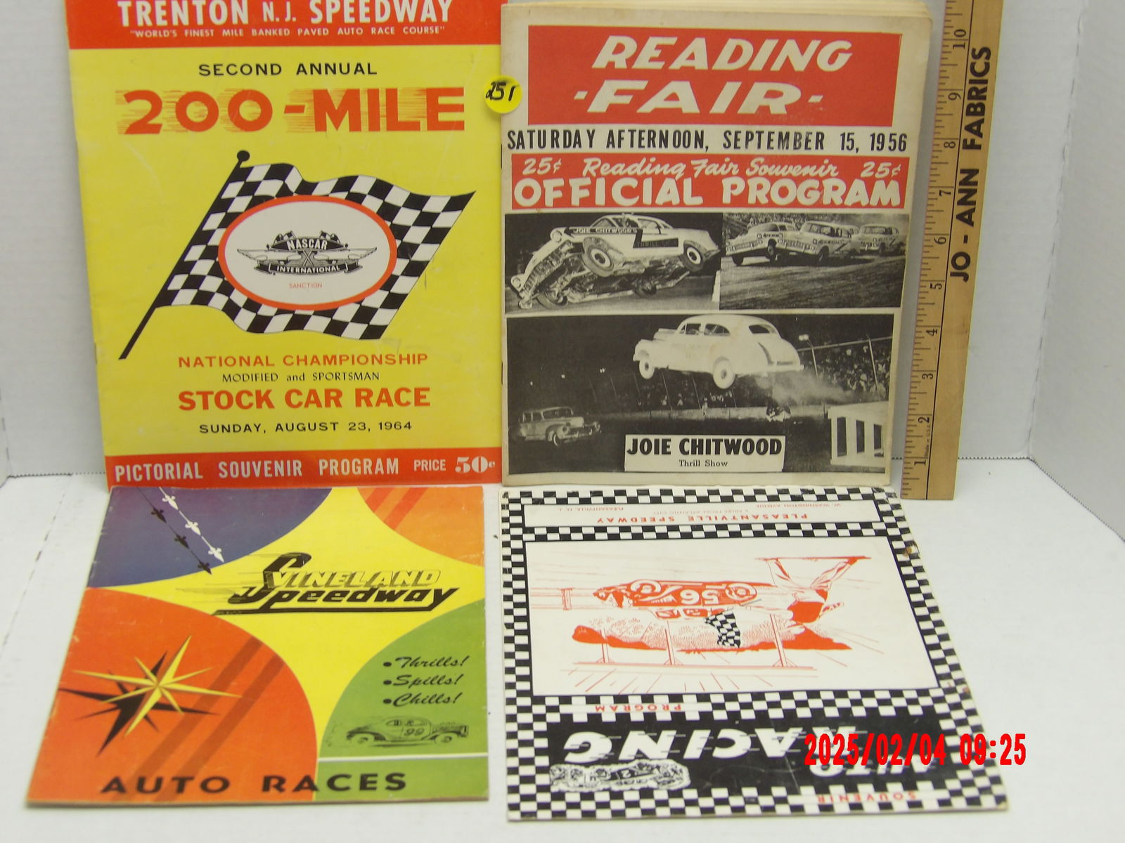 Vintage Auto Racing Programs Collection – Trenton, Reading Fair, Vineland, & Pleasantville: This lot showcases a collection of four vintage auto racing event programs from the 1950s and 1960s, representing historic stock car and thrill show events at Trenton Speedway, Reading Fair, Vineland