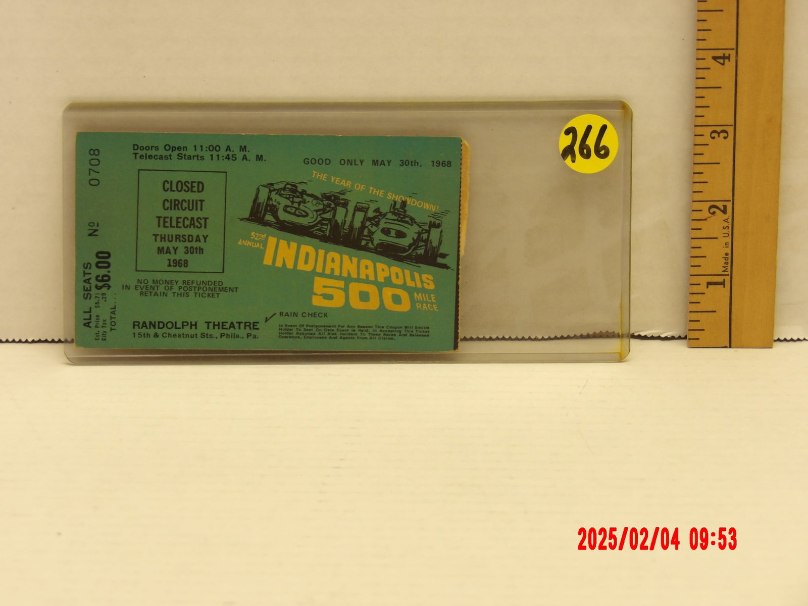 Vintage 1968 Indianapolis 500 Closed Circuit Telecast Ticket – Randolph Theatre, Philadelphia: With 2 Bridgeport Magazines! This is an authentic ticket for the closed-circuit telecast of the 1968 Indianapolis 500, held on Thursday, May 30, 1968. The ticket granted admission to the Randolph Thea