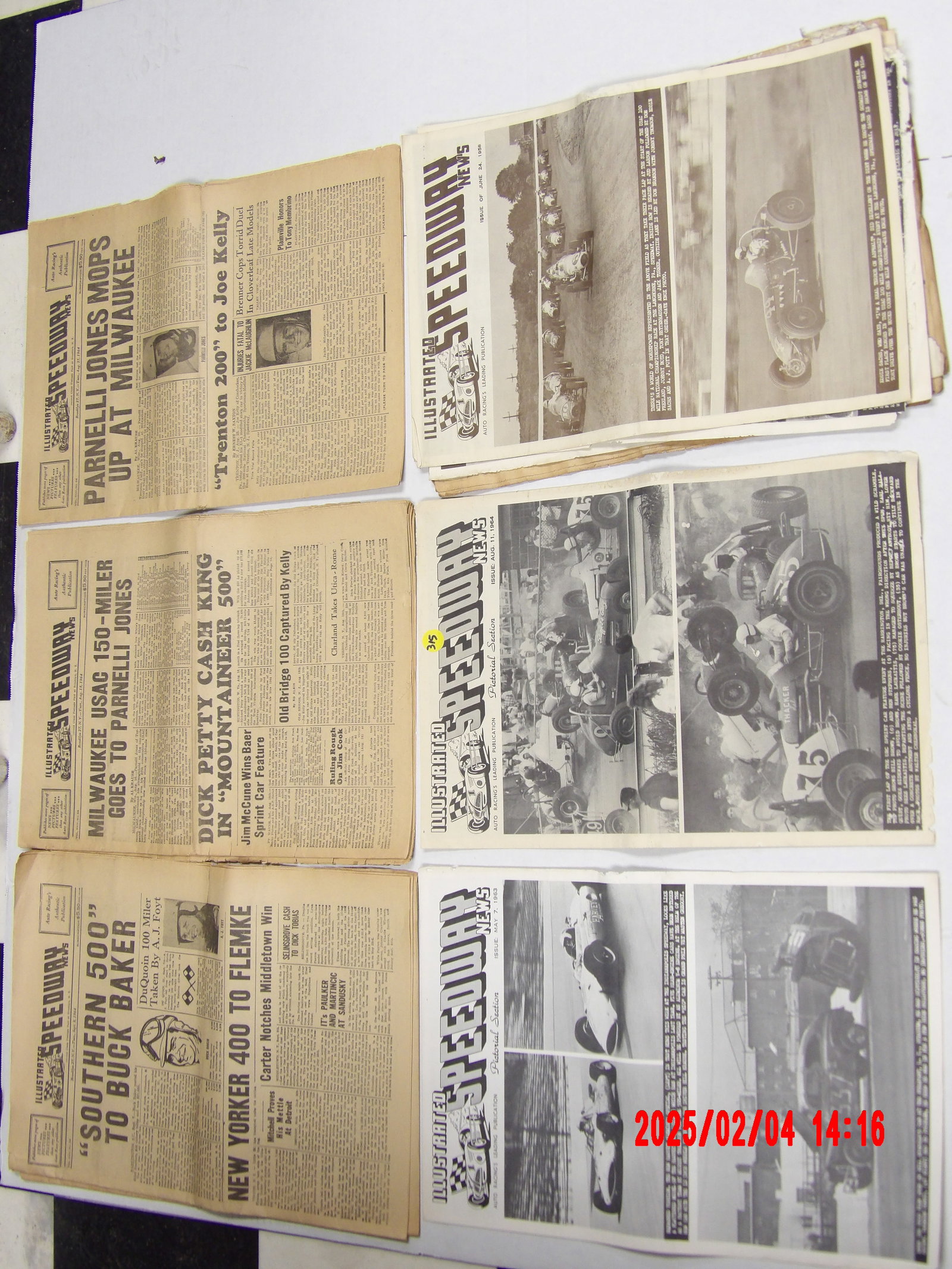 Vintage Illustrated Speedway News Newspapers – Historic Auto Racing Coverage from the Mid-20th: Visible Headlines & Notable Mentions: "Parnelli Jones Mops Up at Milwaukee", "Trenton 200 to Joe Kelly", "Milwaukee USAC 150 Goes to Parnelli", "Dick Petty Cashes in Montana" , "Southern 500 to Buck B