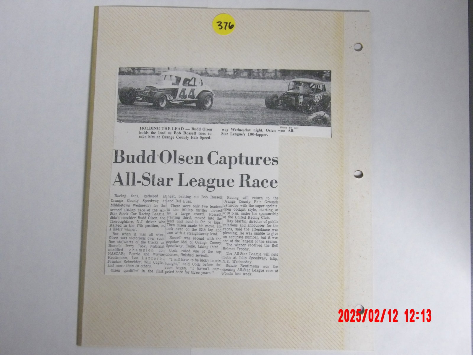 BUD OLSEN NEWS CLIPPINGS AND PHOTOS FROM UNITED STATES AUTO CLUB: -