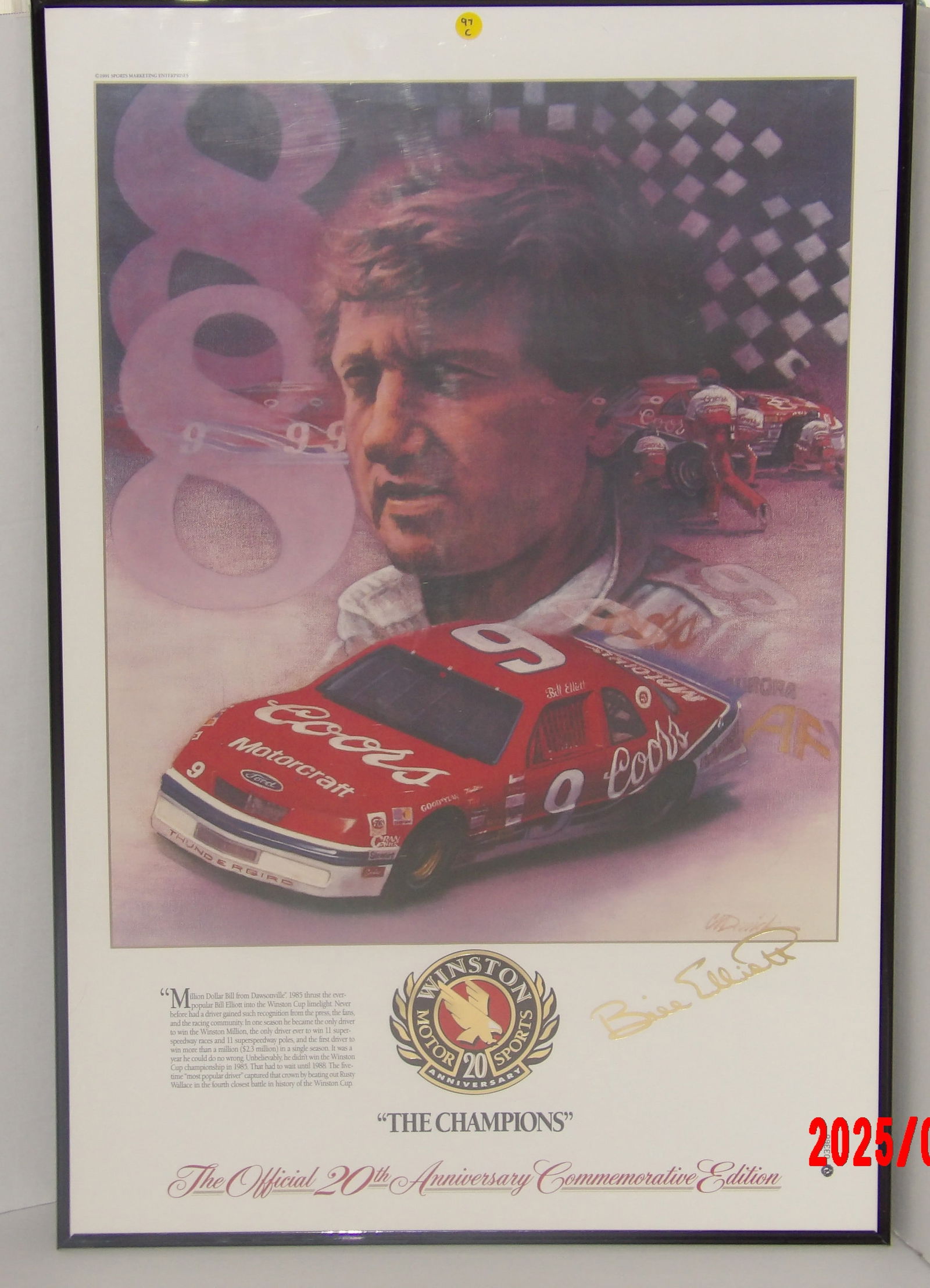 Bill Elliott "The Champions" – The Official 20th Anniversary Commemorative Edition (24"x36"): This framed (24"x36") commemorative print honors Bill Elliott, famously known as "Million Dollar Bill", one of the most celebrated drivers in NASCAR history. The artwork prominently showcases Elliott'