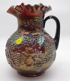 5 Pc Floral Grape Plum Carnival Glass Pitcher & Tumbler Set by Fenton