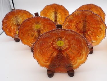 7 Pc Berry Set Peacock Tail Marigold Carnival Glass Bowls by Fenton