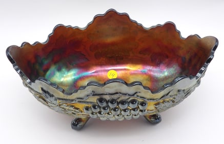 Grape and Cable Banana Boat Footed Carnival Glass Bowl by Northwood