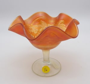 Holly Peacock Ruffled Marigold Carnival Glass Compote by Fenton
