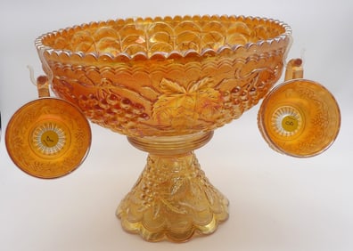 4 Pc Grape & Vine Carnival Glass Punch Bowl Set by Imperial
