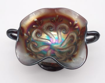Octopus "Question Mark" BonBon Dugan Carnival Glass Double Handle Footed Bowl