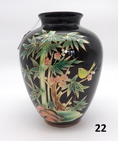 Hand-Painted Japanese Kokusui Bamboo & Bird Porcelain Vase by House of Global Art