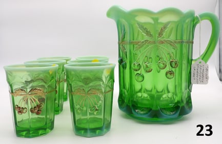 7 Pc Set - Moser Cherry Cable Lime Green Opalescent Glass Pitcher & Tumblers
