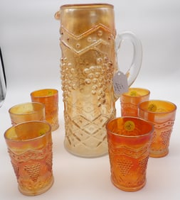 7 Pc Set - Grape & Lattice Marigold Carnival Glass Pitcher and Tumblers by Imperial