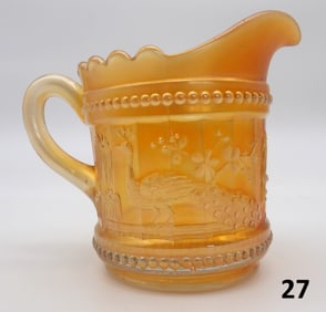 “Peacock at the Fountain” Marigold Carnival Glass Pitcher by Northwood