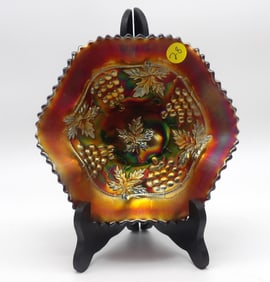 Grape & Cable Leaf Amethyst Ruffled Carnival Glass Bowl by Northwood