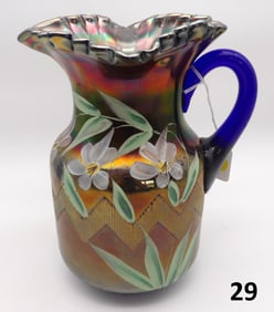 Hand Painted Carnival Glass ZigZag Pitcher by Fenton