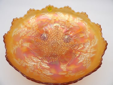 Stag & Holly Marigold Carnival Glass Footed Bowl by Northwood