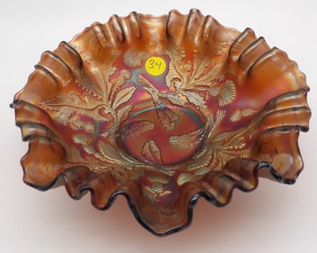 Thistle Pattern Ruffled Carnival Glass Bowl by Northwood Glass Company