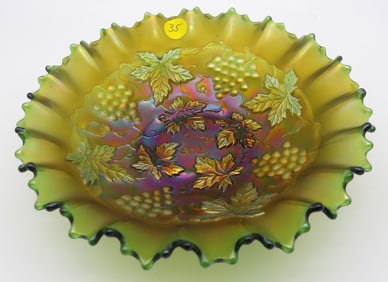 Grape & Cable Green Carnival Glass Bowl by Northwood Glass Co.