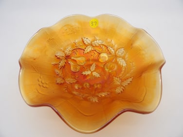Three Fruits Medallion Ruffled Carnival Glass Pedestal Bowl by Fenton Art Glass Co.
