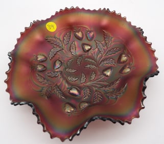 Strawberry & Leaf Amethyst Basketweave Ruffled Glass Bowl by Northwood Glass Co.