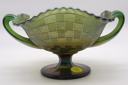 Three Fruits Green Carnival Glass Double-Handled Compote by Northwood Glass Co.
