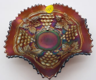 Grape & Cable Amethyst Carnival Ruffled Glass Bowl by Northwood Glass Co.