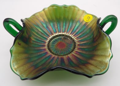 Panelled Rays Green Emerald Carnival Glass Double Handled Bonbob Dish by Northwood
