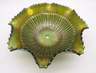 Fine Rib Basketweave Green Carnival Ruffled Glass Bowl