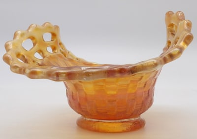 Basketweave Marigold Carnival Glass Open Edge Bowl by Fenton Glass Art