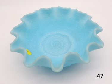 Persian Medallion Custard Blue Ruffled Satin Glass Bowl by Fenton Glass Art
