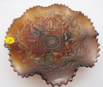 Wishbone Marigold Ruffled Carnival Glass Footed Bowl by Northwood Glass