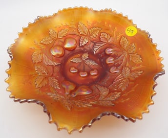 Cherries & Leaves Marigold Carnival Glass Bowl by Northwood Glass
