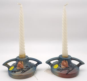 Roseville Pottery 'Magnolia' Hand Painted Candlestick Holders
