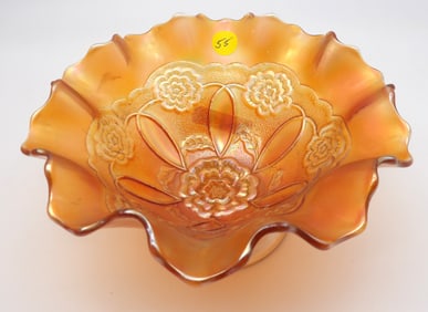 Pansy Double stem Rose Marigold Carnival Glass Bowl by Imperial Glass