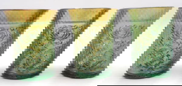 Set of 3 - Lustre Rose Show Green Carnival Glass Tumblers by Imperial Glass