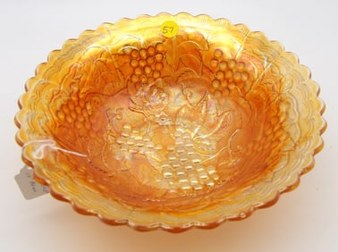 Grape & Leaf Marigold Carnival Glass Bowl