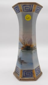 Antique Nippon Hand-Painted Scenic Hexagonal Vase