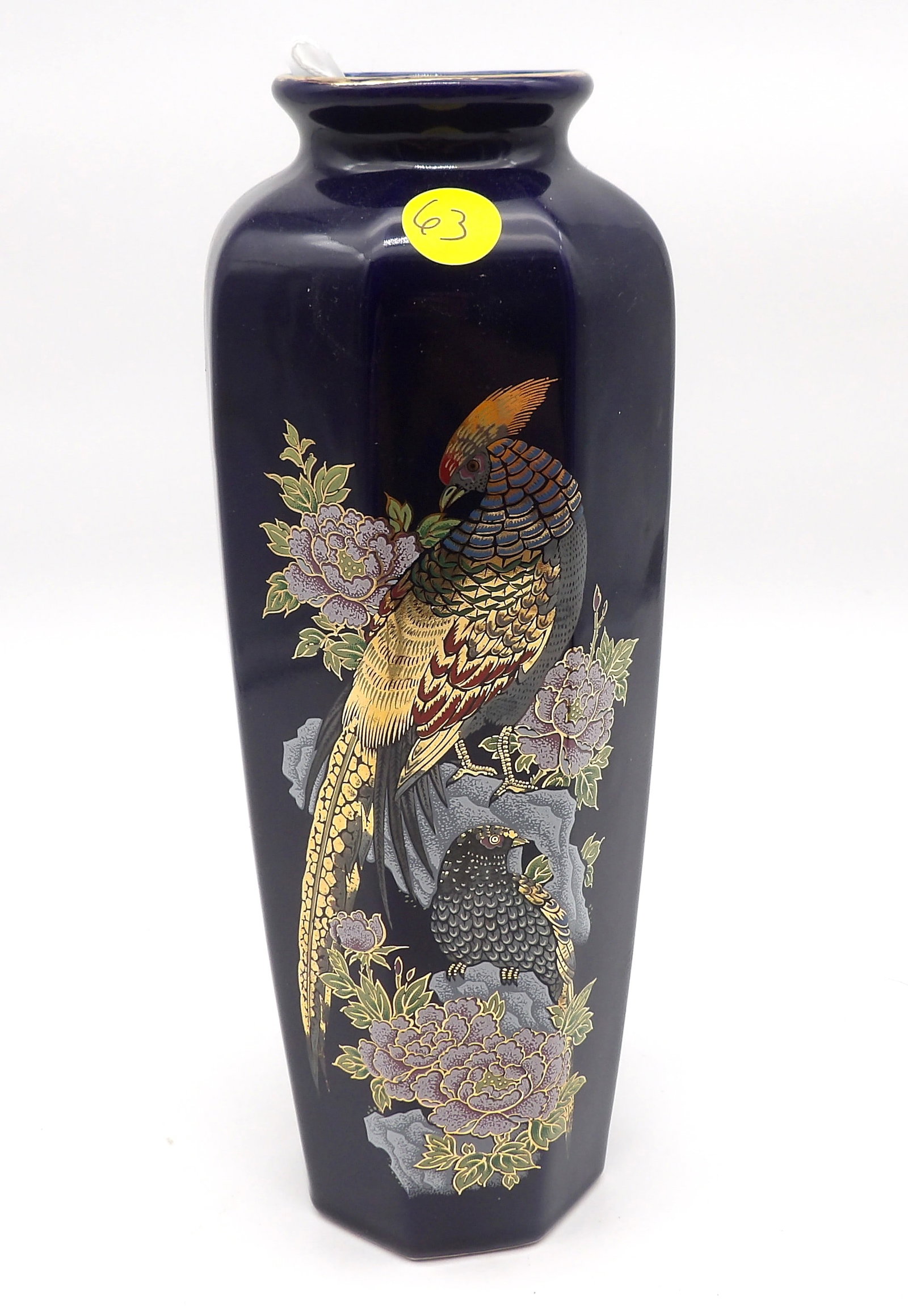 Hand-Painted Japanese Cobalt Blue Vase with Birds & Florals: An elegant Japanese hand-painted porcelain vase featuring a rich cobalt blue glaze as the background. The vase is decorated with two finely detailed birds perched among blooming peonies, accented in g