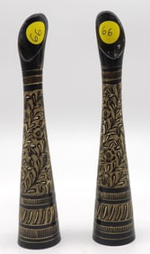 Pair of Hand-Etched Brass Flower Vases with Birdi Nakashi Floral Motifs