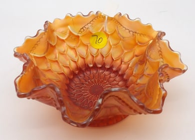 Scale & Sunburst Marigold Carnival Glass Ruffled Bowl by Fenton Glass Art
